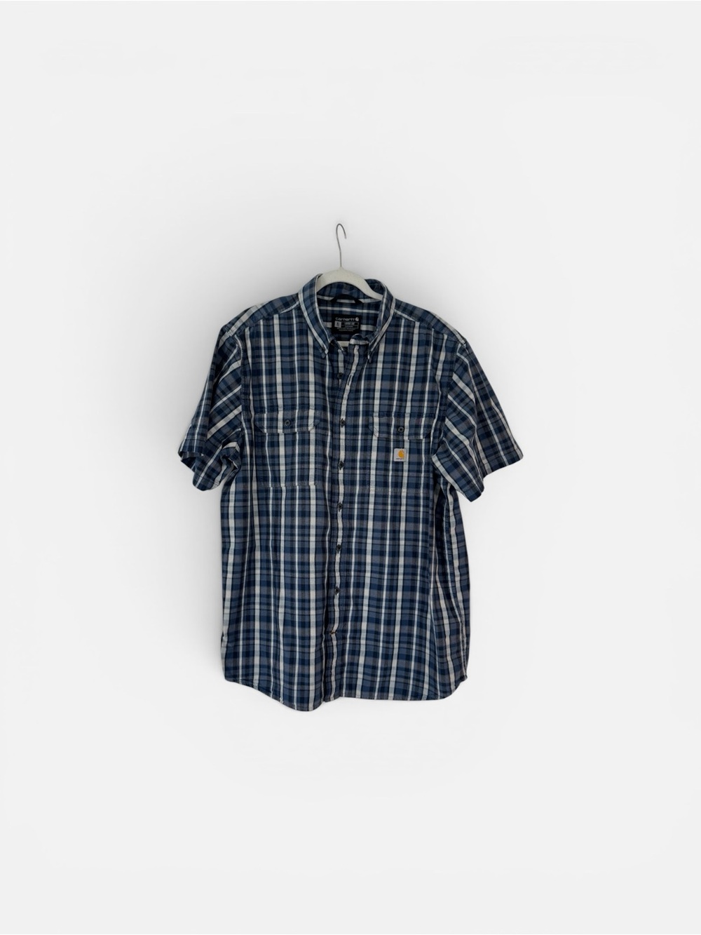 Carhartt Men’s Short-Sleeve Navy and White Plaid Button-Down Shirt